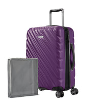 Aubergine purple Ricardo Mojave carry-on hardside suitcase with diagonal grooves shown with a large grey packing cube