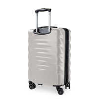 A light beige hardside spinner suitcase with a telescoping handle extended, shown on a plain white background.