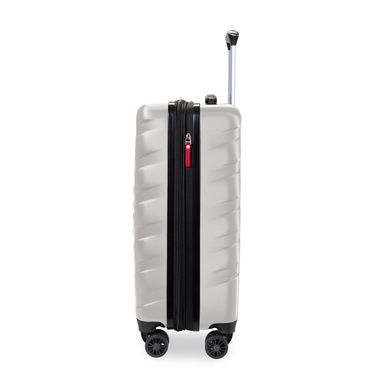 A hard-shell spinner suitcase in a metallic silver finish with a black front zipper track and a small red luggage tag, shown on a white background with its telescoping handle extended.
