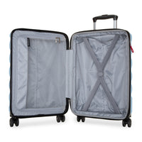 An open hard-shell suitcase shown from the front, revealing a light gray patterned interior with a zippered compartment, mesh pocket, and X-strap compression system. The suitcase has a black telescoping handle and four wheels, set against a plain white background.