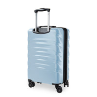 A light blue hard-shell spinner suitcase with a telescoping handle extended and black wheels, shown on a plain white background.