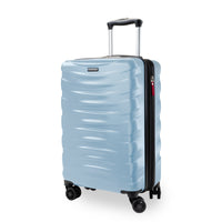 A light blue hardshell spinner suitcase with a telescoping handle extended, shown on a clean white background.