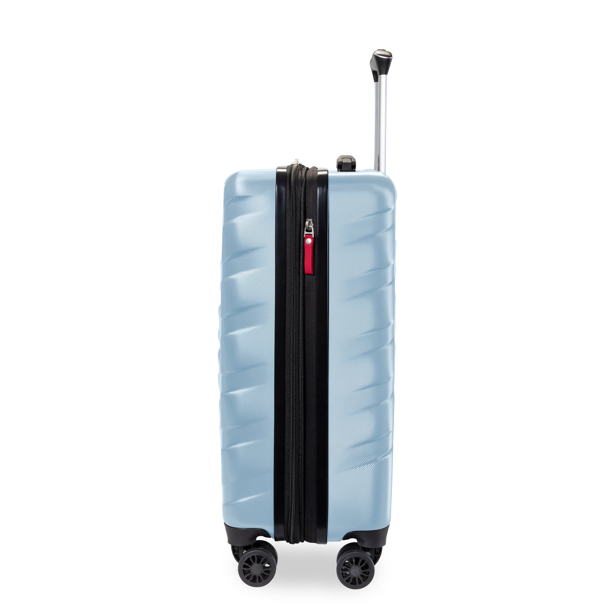 A light blue hard-shell spinner suitcase with a telescoping handle extended and a black front zipper, shown on a plain white background.
