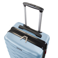 A light blue hard-shell suitcase with an extended telescoping handle, a black top zipper, and silver zipper pulls on a clean white background.