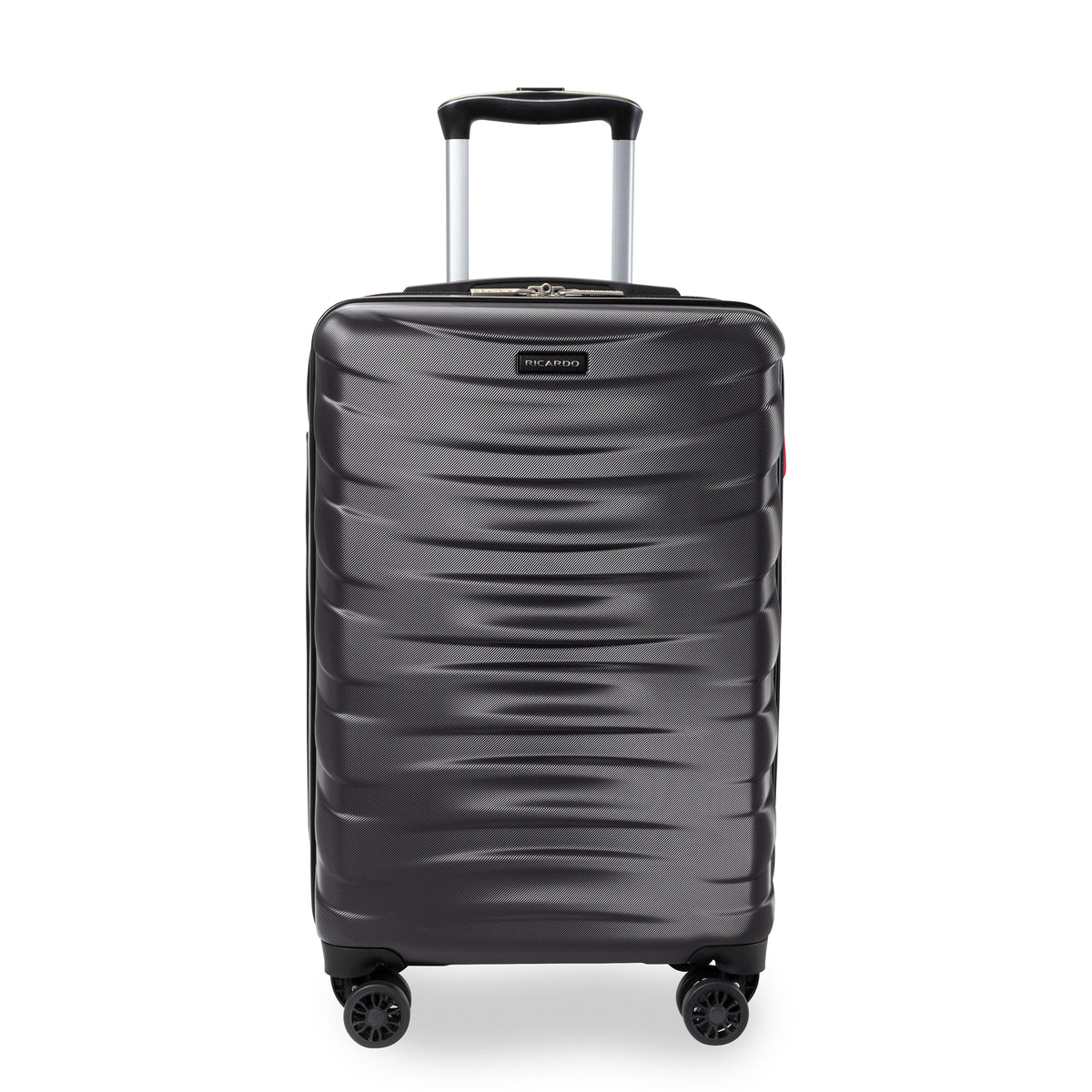 A dark gray herringbone-patterned spinner suitcase with an extended telescopic handle, shown on a clean white background.