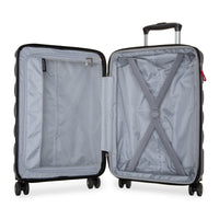 An open hard-shell suitcase shown from the inside, featuring a light gray patterned lining, zippered compartments, an X-strap organizer, and a black telescoping handle on a white background.