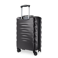 A black hard-shell spinner suitcase with a textured wavy pattern, featuring an extended telescopic handle and four multi-directional wheels, shown on a plain white background.