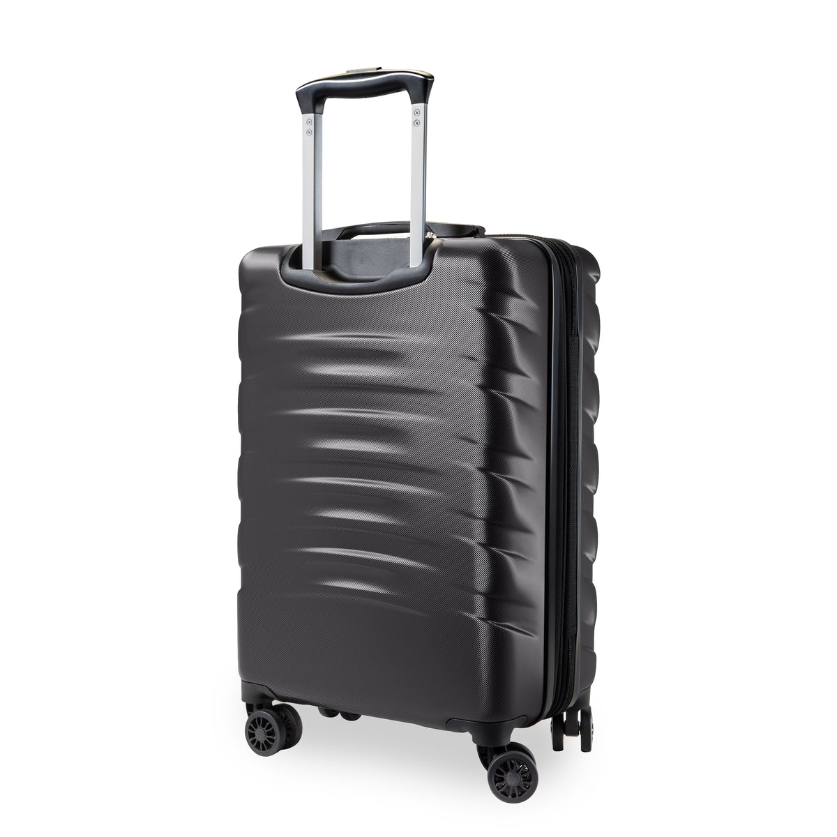 A black hard-shell spinner suitcase with a textured wavy pattern, featuring an extended telescopic handle and four multi-directional wheels, shown on a plain white background.