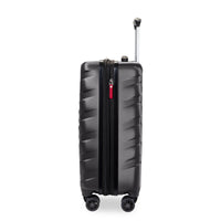 A black hard-shell spinner suitcase with a telescoping handle extended, shown from a front-three-quarter angle on a white background.