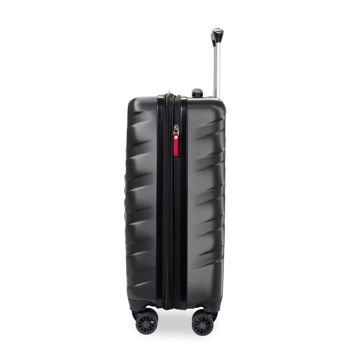 A black hard-shell spinner suitcase with a telescoping handle extended, shown from a front-three-quarter angle on a white background.