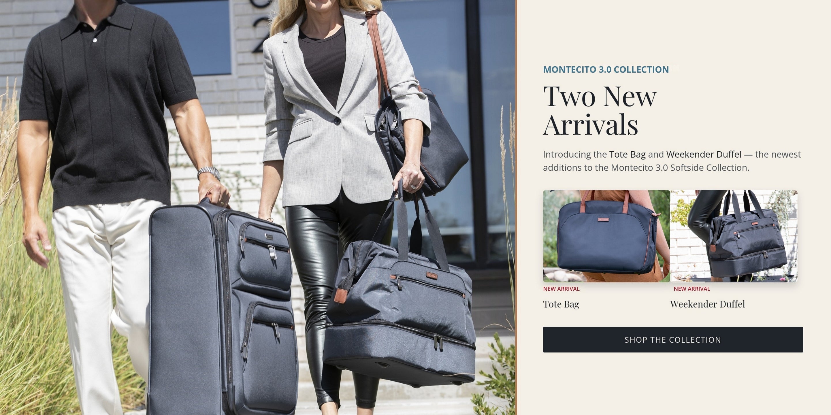 A promotional banner featuring a man and a woman walking outdoors while carrying dark blue Montecato 3.0 collection bags, alongside text reading 'Two New Arrivals' and smaller product thumbnails for a tote bag and weekender duffel.