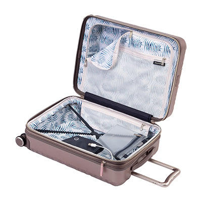 open topaz carry-on suitcase with a blue and white patterned lining