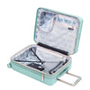 open mint green carry-on suitcase with a blue and white patterned lining