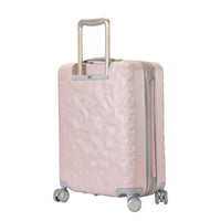 back view of textured blush pink carry-on case