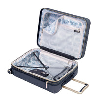 open navy blue carry-on suitcase with a blue and white patterned lining