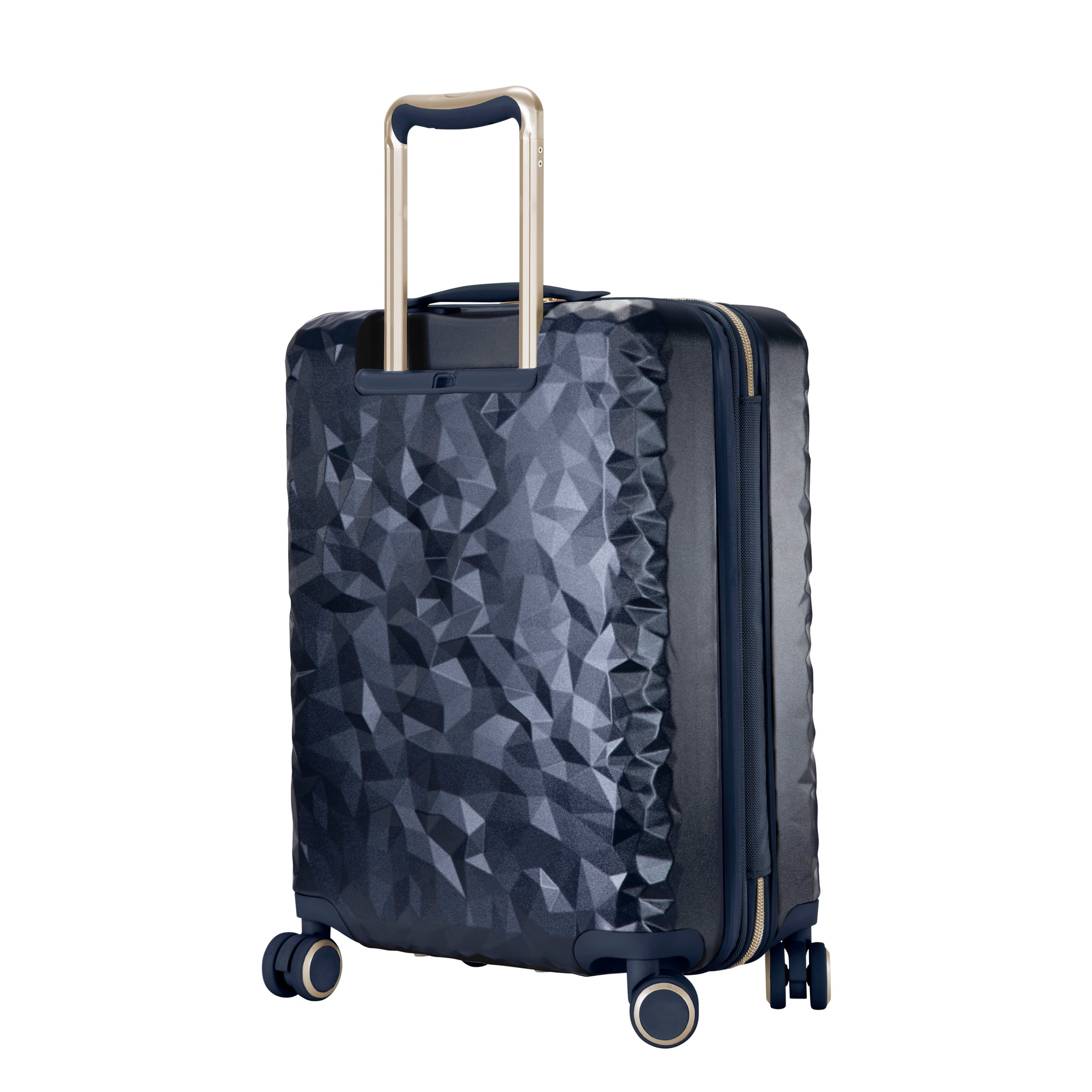 back view of textured navy blue carry-on case