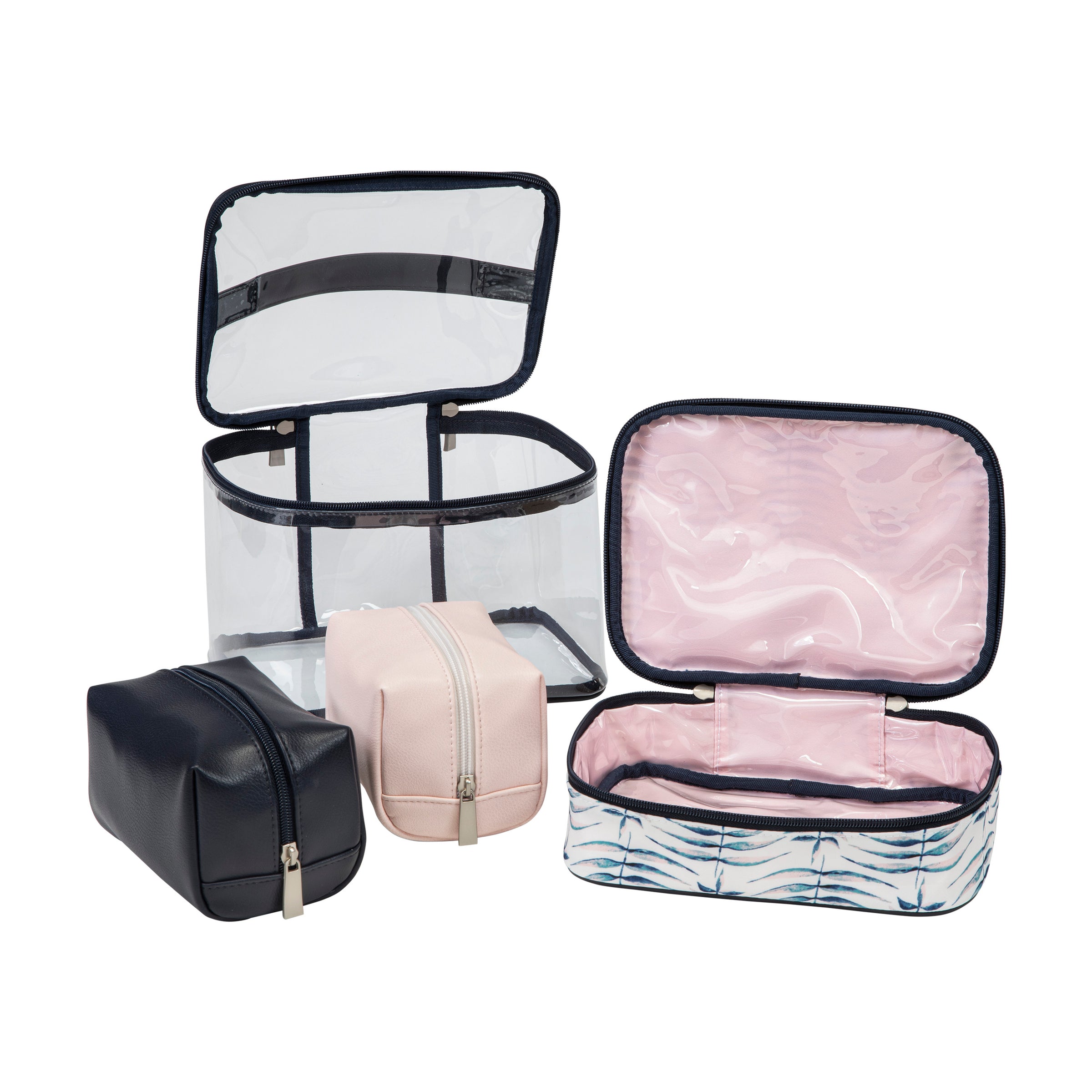 open large clear plastic case and three smaller cosmetics cases