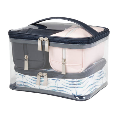 four piece train set with one large clear plastic case with navy blue zipper and three smaller pale pink, navy, and blue patterned cases inside
