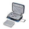 open blue Mojave carry-on with grey patterned lining, clear toiletries bag, and portable battery pouch shown with large grey packing cube