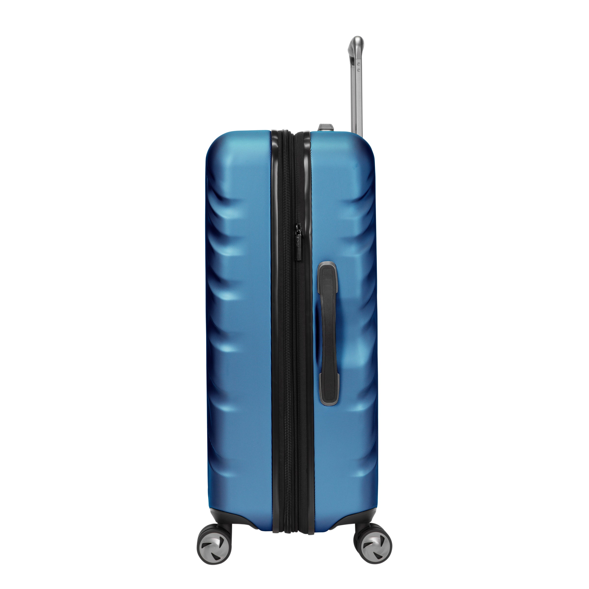 side view of blue mojave rolling check in suitcase with black zipper and handles