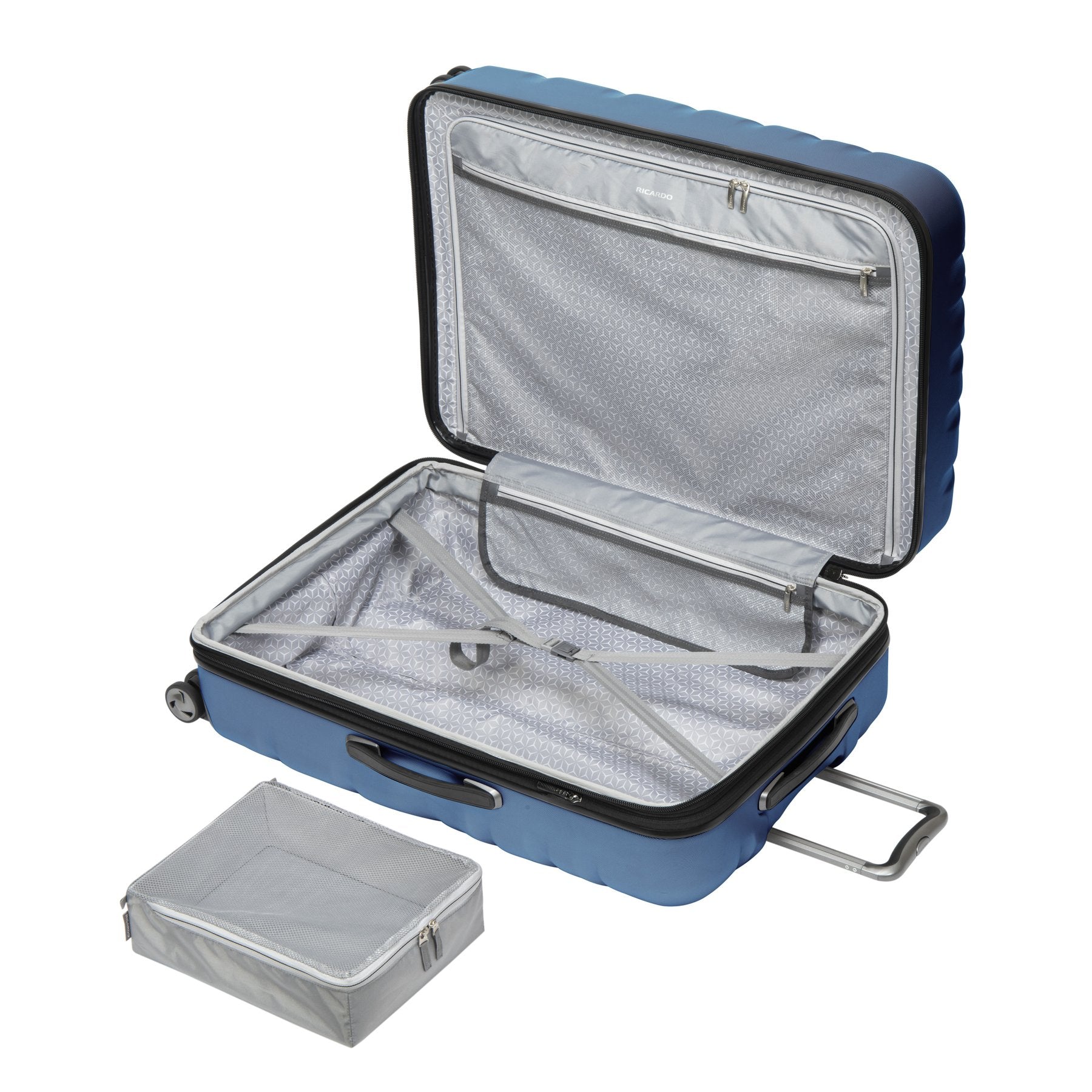 open blue Mojave check-in with grey patterned lining shown with large grey packing cube